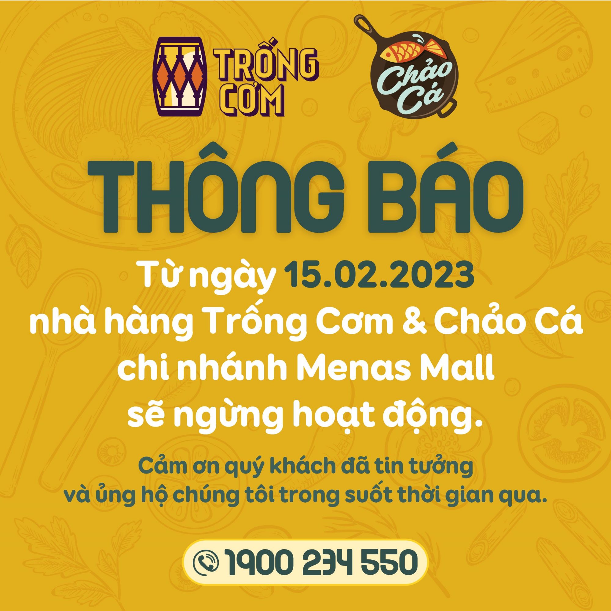 Thông báo ngừng hoạt động chi nhánh Menas Mall